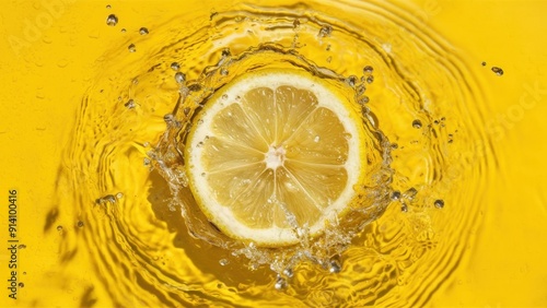 A splash of water surrounds a lemon slice