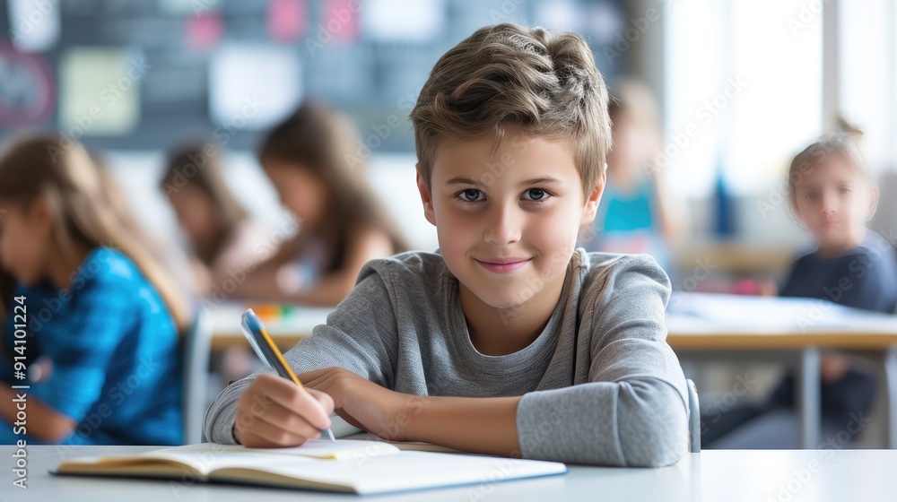 Cheerful Schoolboy Writing on Paper During Class Time Cheerful Schoolboy Writing on Paper During Class Time