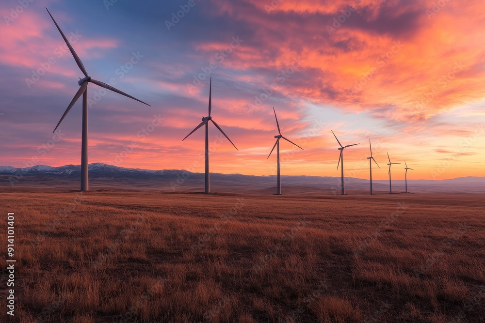 Obraz premium A scenic landscape with multiple wind turbines lined up against a vibrant sunset sky, capturing sustainable energy in a picturesque environment.