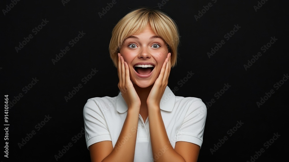 Joyful Woman with Hands on Cheeks, Black Background Joyful Woman with Hands on Cheeks, Black Background