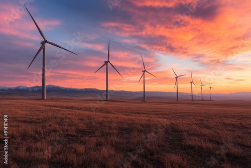 A scenic landscape with multiple wind turbines lined up against a vibrant sunset sky, capturing sustainable energy in a picturesque environment.