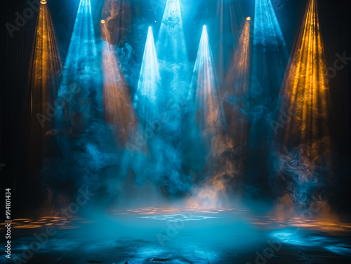 Stage bathed in dramatic blue and yellow spotlights, perfect for music or entertainment themes