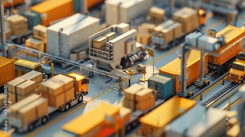 3D Illustration of a Busy Container Port with Trucks, Cargo, and Cranes