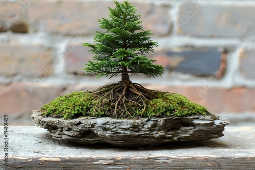 A onsai tree styled in the form, with a perfectly straight trunk and balanced branches photo