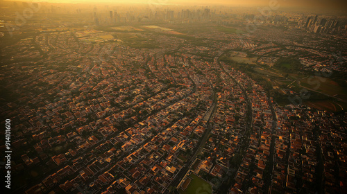 aerial view of a densely populated urban area during what appears to be the golden hour. The landscape is dominated by a plethora of houses, varying in design and color, closely packed together