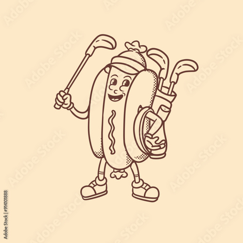 mascot hotdog with golf outfit good for doodle, coloring book, branding, element design, etc