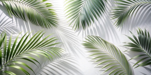 Delicate shadow of palm leaves cast on a pristine white background, creating a serene and tropical ambiance with intricate details and soft, feathery textures.