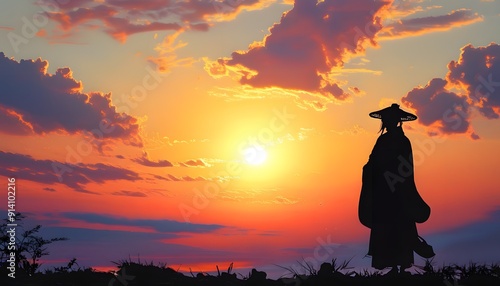 Jiugong Grid presents a magnificent sunset and silhouette of characters, showing a peaceful and beautiful moment. photo