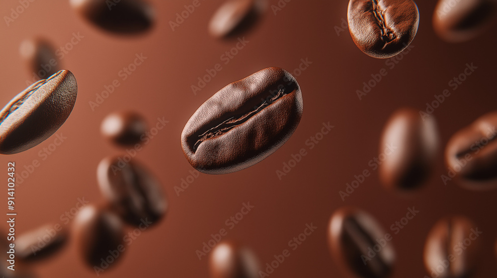 Fototapeta premium A close-up view of coffee beans. Some beans are levitating in the air, while others are settled at the bottom. The background is a gradient of warm brown hues, emphasizing the rich aroma and texture 