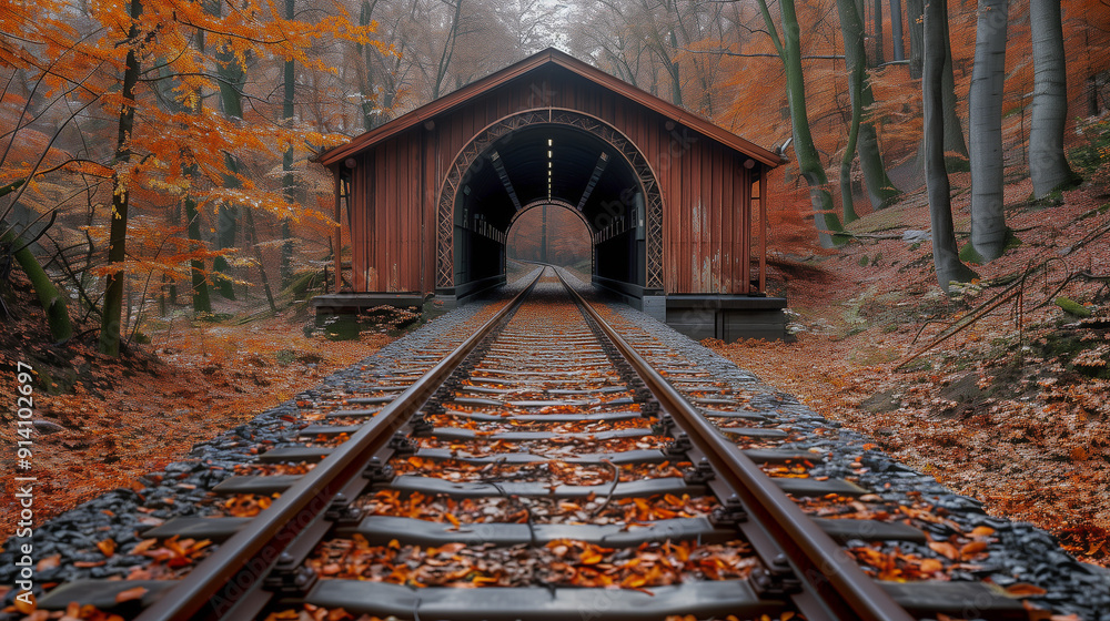 Autumnal Railroad Through a Covered Bridge.. Autumnal Railroad Through a Covered Bridge..