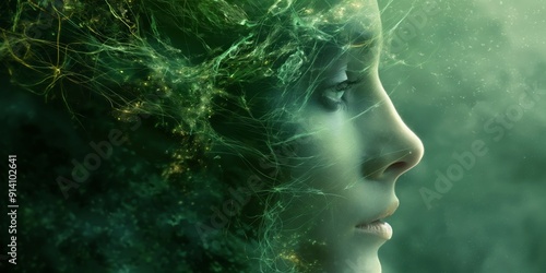 A close-up profile of a female face merging with an ethereal, green microcosm of glowing elements and abstract patterns