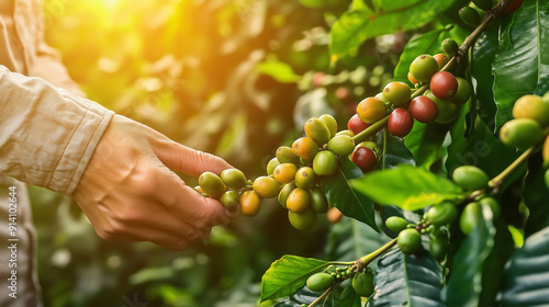 A person, dressed in a light-colored shirt, meticulously picking ripe coffee cherries from a branch. The cherries vary in color, from green to red, indicating different stages of ripeness