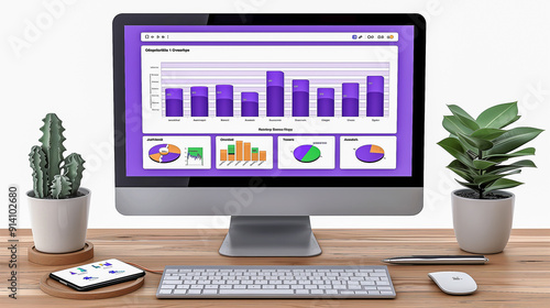 Organized Workspace with Data Analytics Display..