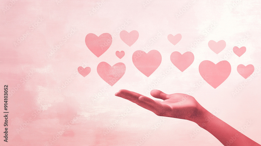 A hand, seemingly reaching out towards a series of heart-shaped icons. The background is a light pink hue with a subtle texture, and the heart icons are in varying sizes A hand, seemingly reaching out towards a series of heart-shaped icons. The background is a light pink hue with a subtle texture, and the heart icons are in varying sizes