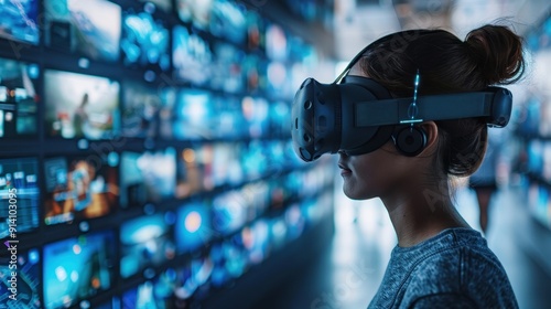 A girl wearing a virtual reality headset indoors. A girl with virtual reality glasses