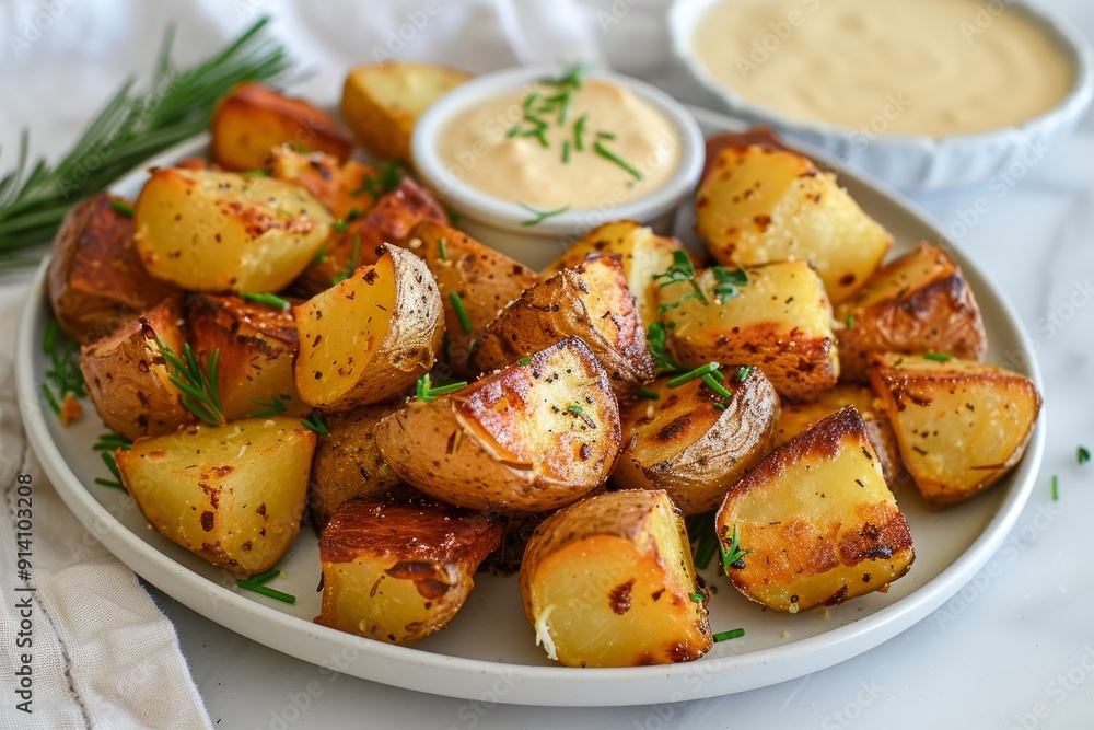 Roasted potatoes with sauce on plate Roasted potatoes with sauce on plate