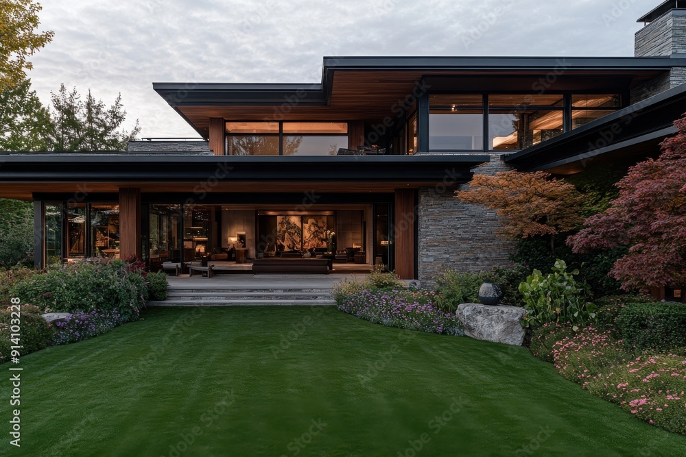 Luxurious modern home with an expansive green lawn, large windows, and a mixture of stone and wooden architecture elements, creating a sophisticated and inviting ambiance. Luxurious modern home with an expansive green lawn, large windows, and a mixture of stone and wooden architecture elements, creating a sophisticated and inviting ambiance.