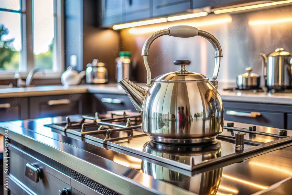 Shiny steel kettle on modern gas induction stove, surrounded by sleek kitchen countertops, ready to boil water for a hot beverage or meal preparation. Shiny steel kettle on modern gas induction stove, surrounded by sleek kitchen countertops, ready to boil water for a hot beverage or meal preparation.