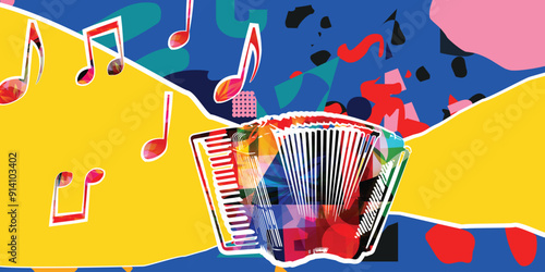  Musical notes on colorful backdrop. Colorful accordion design poster
