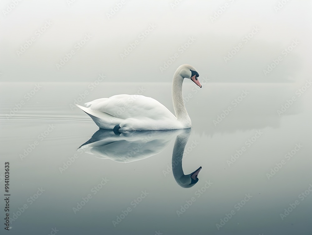Serene Swan Gliding Over Tranquil Lake Mirrored Reflection Serene Swan Gliding Over Tranquil Lake Mirrored Reflection
