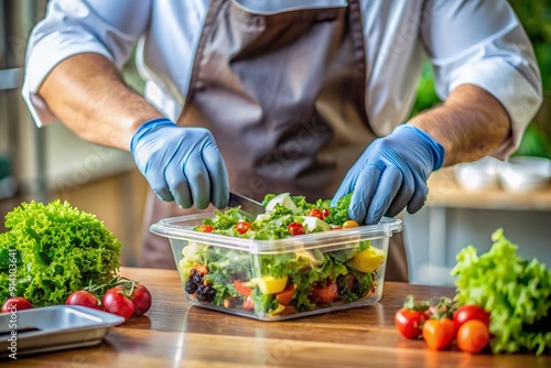 Chef's gloved hands carefully prepare a fresh vegan salad in a sustainable container, adhering to sanitary guidelines for safe takeout during the pandemic. photo