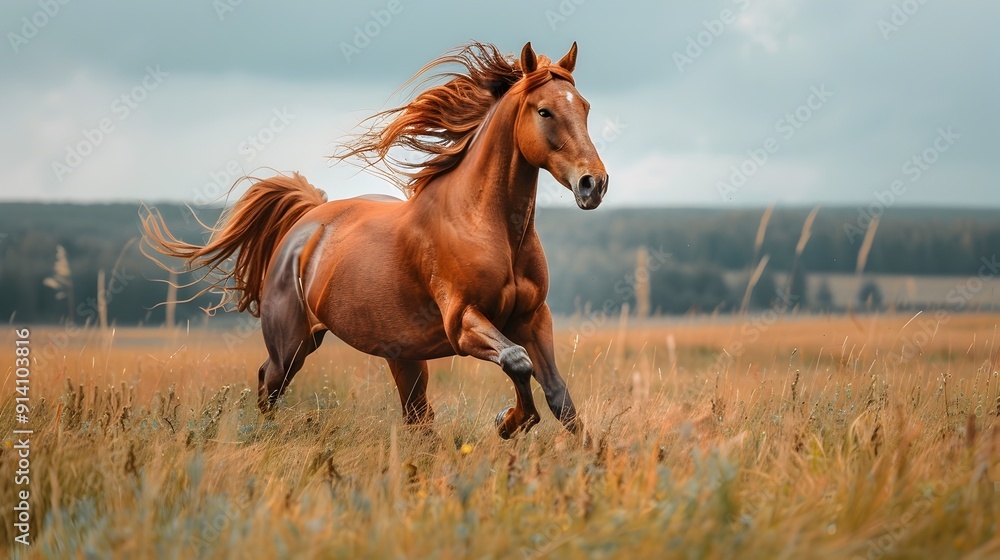 Fototapeta premium Majestic Stallion Galloping Across Grassy Plain Its Windblown Mane and Tail Flowing