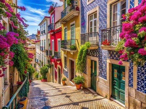 Vibrant colorful streets of Lisbon in summer, picturesque alleys with azulejo tiles, flower-filled balconies, and traditional Portuguese architecture await adventurous travelers.