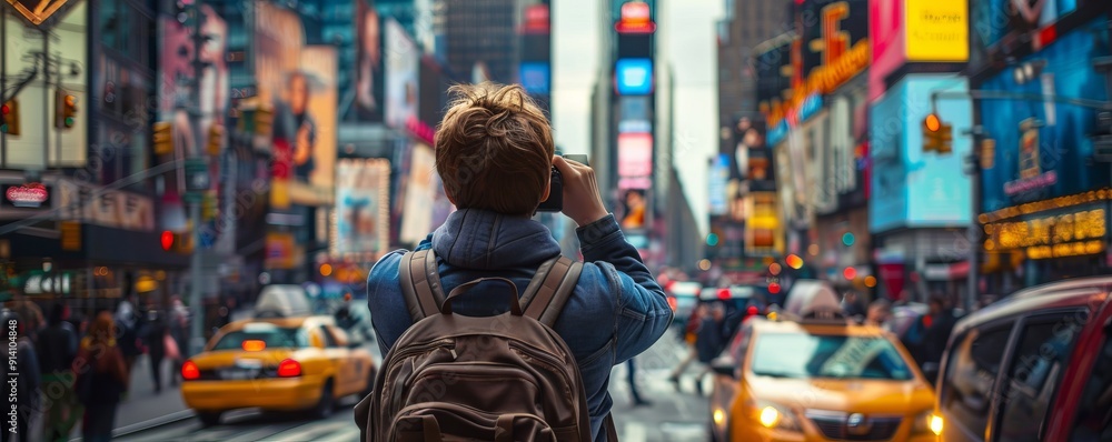 Solo traveler capturing the vibrant colors of a bustling city street, 4K hyperrealistic photo Solo traveler capturing the vibrant colors of a bustling city street, 4K hyperrealistic photo
