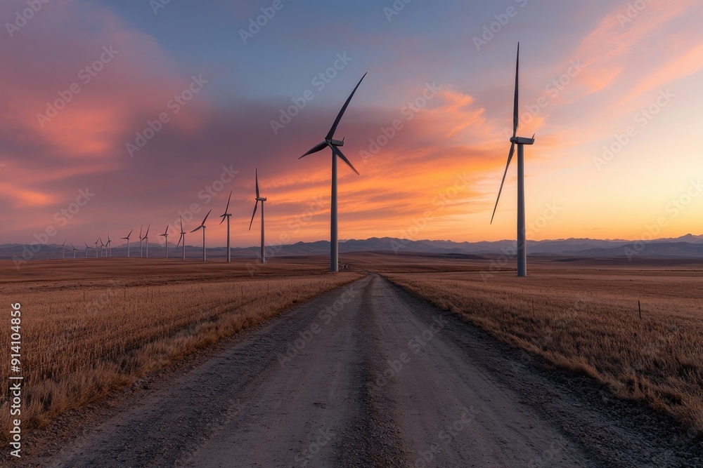 Obraz premium A dirt road leads directly to a stretch of wind turbines standing in a field, set against a colorful dusk sky, showcasing the harmony between technology and nature.
