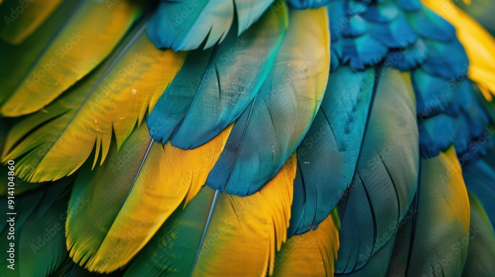 Obraz premium Closeup of vibrant parrot feathers colorful blue and yellow plumage