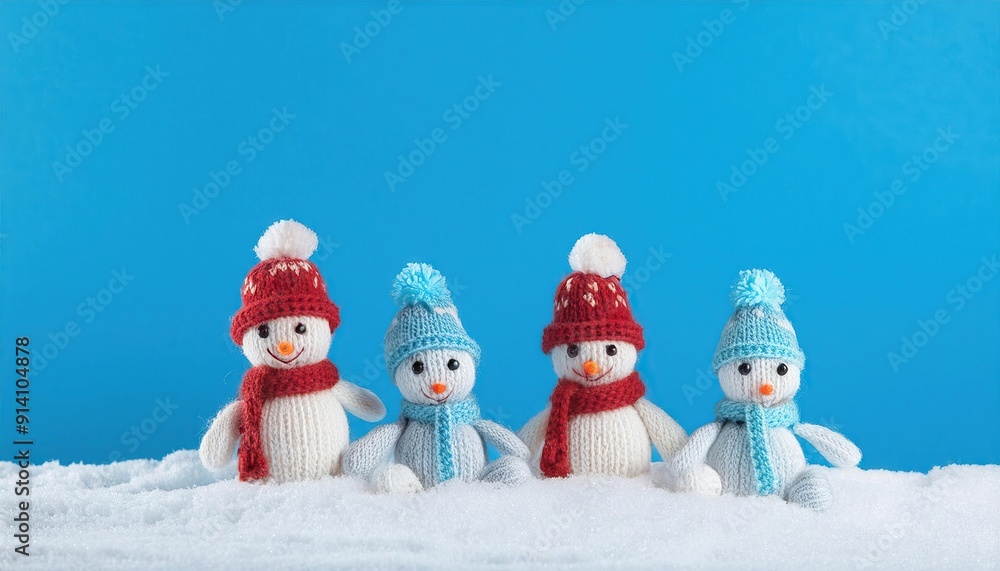 little knitted snowmans on soft snow on blue background little knitted snowmans on soft snow on blue background