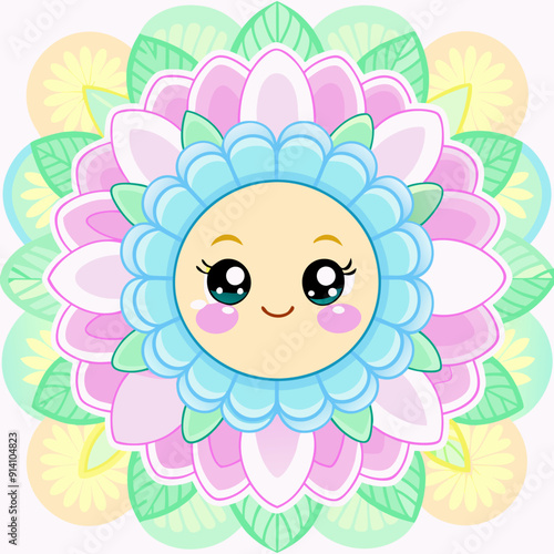 Kawaii Floral Mandala with Happy Face in Pastel Colors