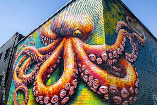 Vibrant octopus mural showcasing colorful details and artistic expression on a city building. photo