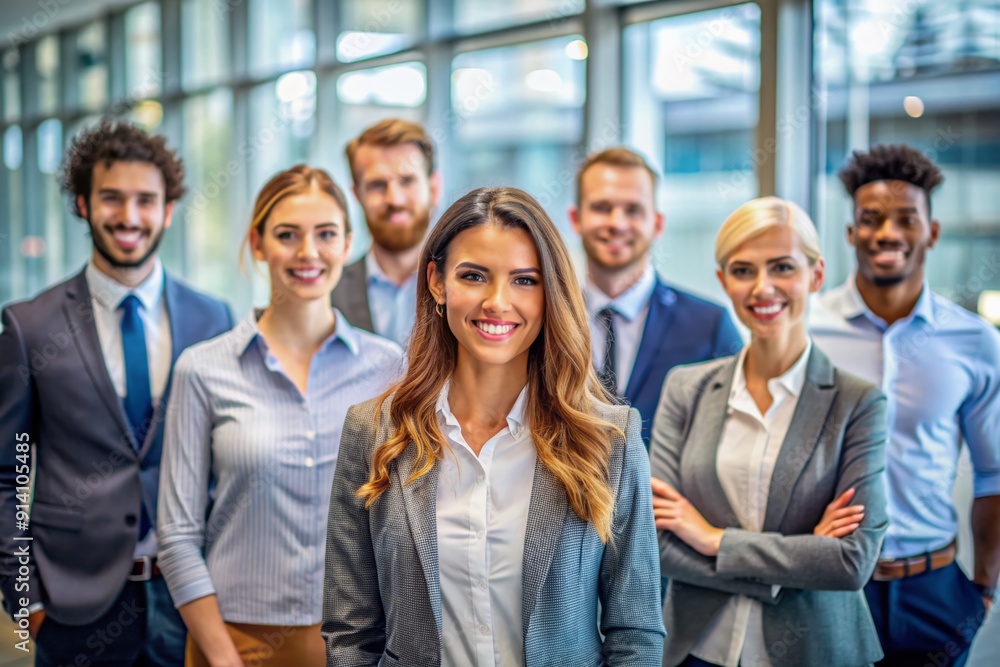 Modern office lobby with blurred background featuring diverse group of young corporate employees standing together, conveying teamwork, diversity, and positivity in a professional setting. Modern office lobby with blurred background featuring diverse group of young corporate employees standing together, conveying teamwork, diversity, and positivity in a professional setting.