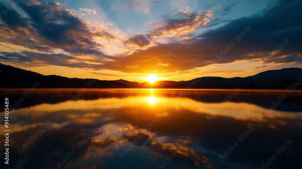 Fototapeta premium The sun is setting over a lake, casting a warm glow on the water. The sky is filled with clouds, creating a serene and peaceful atmosphere