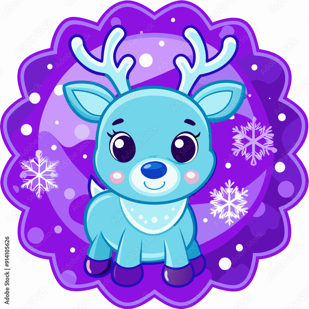 Naklejka premium Cute Baby Reindeer with Snowflakes on Purple Background, Christmas Theme