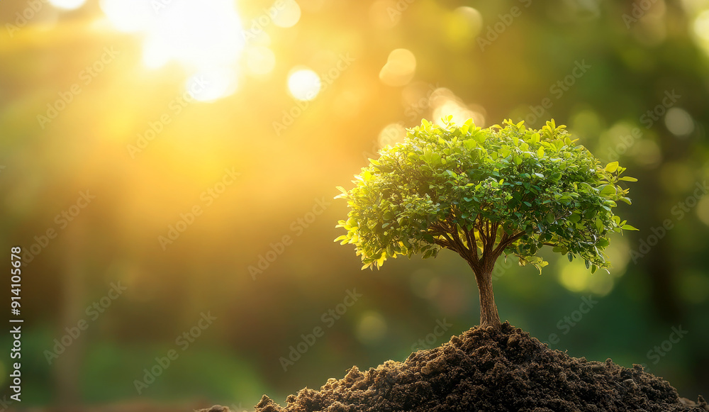 Young Tree Growing in Sunlit Soil