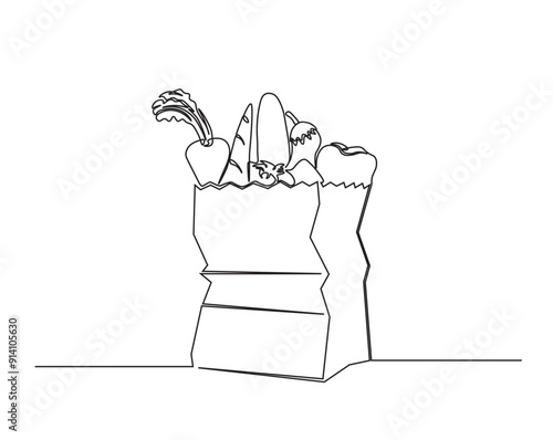 One continuous line drawing of grocery food bag with vegetables. vegetables in paperbag single line illustration.