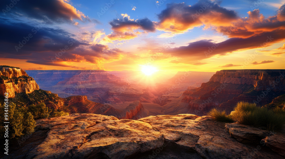 A beautiful sunset over a canyon with a large rock formation. The sky is filled with clouds and the sun is setting, casting a warm glow over the landscape. The scene is serene and peaceful A beautiful sunset over a canyon with a large rock formation. The sky is filled with clouds and the sun is setting, casting a warm glow over the landscape. The scene is serene and peaceful