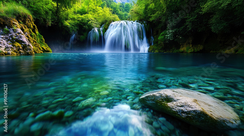 A beautiful waterfall is flowing into a lake. The water is crystal clear and the rocks surrounding the lake are scattered throughout. The scene is peaceful and serene