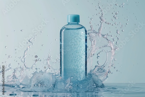 Sleek shower gel bottle mockup on glass surface surrounded by water splashes in bright setting