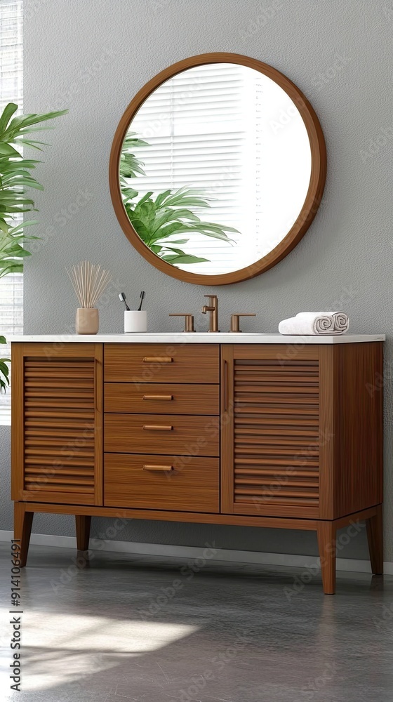 Fototapeta premium A stylish reception area showcases a wooden desk with sinks, illuminated by a large circular mirror and accentuated with decorative plants on either side