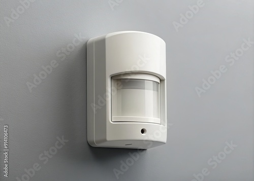 Small, sleek, white motion detector mounted on a white wall, isolated against a subtle gray background, highlighting its modern design and functionality. photo