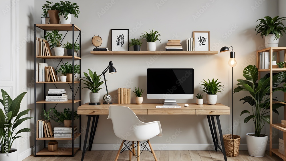 Fototapeta premium Modern Workspace with Wooden Desk and Plant Decor