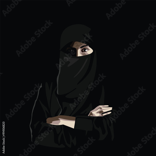 Confident Muslim Woman In Burka Standing With Folded Arms