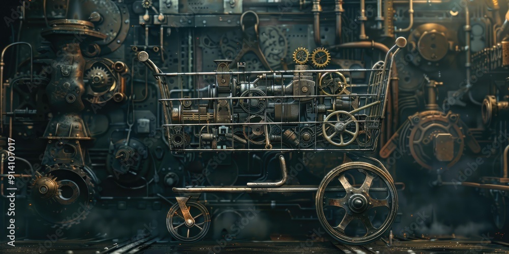 Steampunk shopping cart filled with gears. Steampunk shopping cart filled with gears.