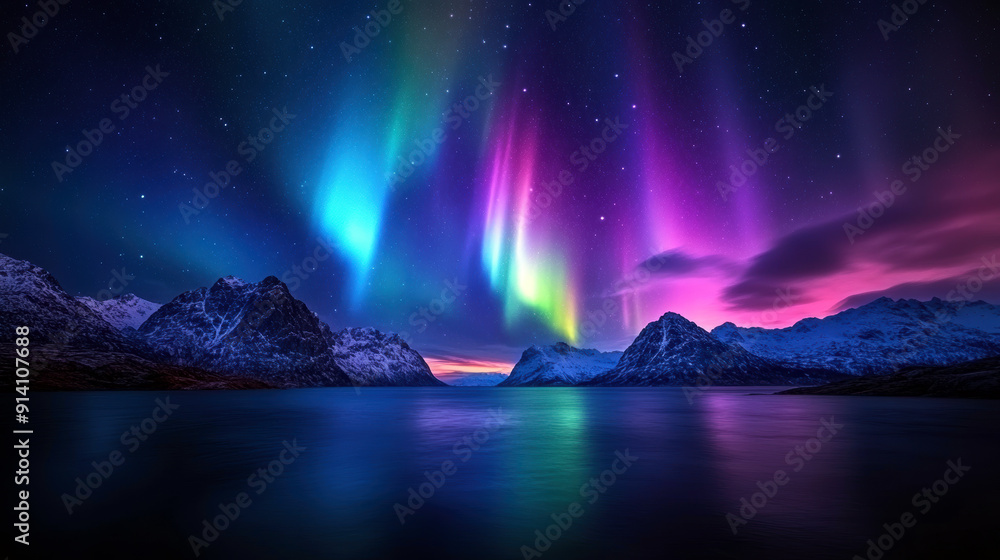 Naklejka premium The sky is filled with auroras and the mountains are in the background. The water is calm and the sky is dark