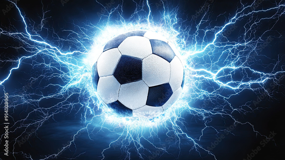 Fototapeta premium Flying Football with Lightning on Dark Background, Energy Flash and Light Effects, Dynamic Football Burst, Intense Light and Thunder Visual, High-Impact Sports Design, Dramatic Lightning and Ball