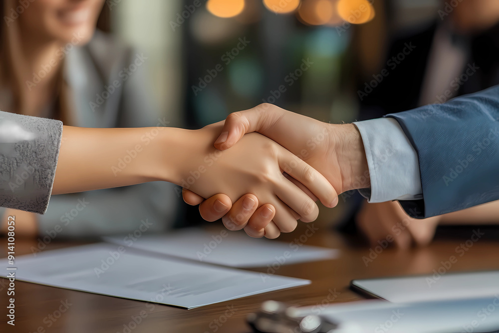 Happy couple shaking hands with real estate agent at office table, Happy couple shaking hands with real estate agent at office table,