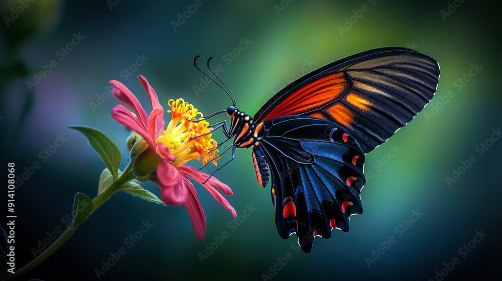 A butterfly is sitting on a pink flower. The butterfly is black and orange A butterfly is sitting on a pink flower. The butterfly is black and orange